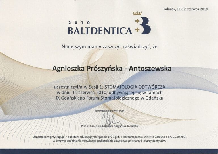 Certyfikat - Gabinet dentystyczny Dental Heaven w Gdańsku