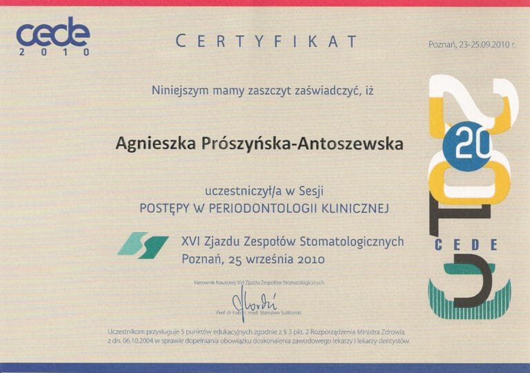 Certyfikat - Gabinet dentystyczny Dental Heaven w Gdańsku
