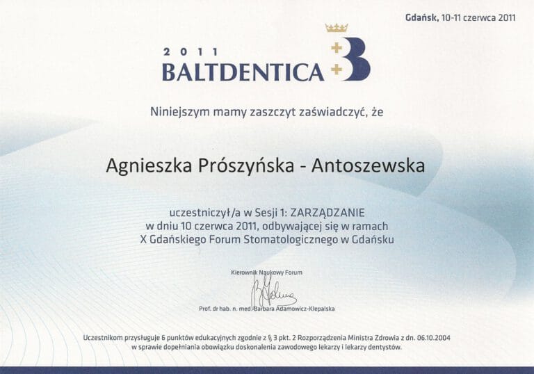 Certyfikat - Gabinet dentystyczny Dental Heaven w Gdańsku