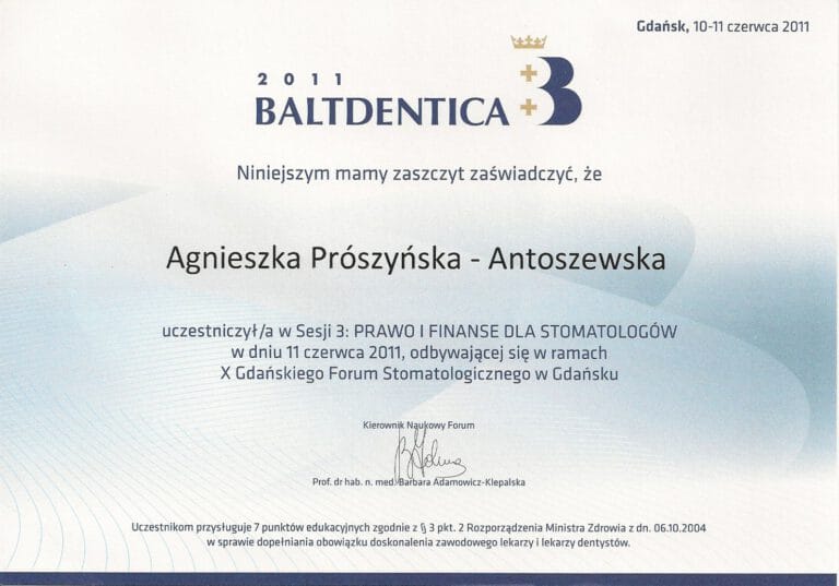 Certyfikat - Gabinet dentystyczny Dental Heaven w Gdańsku