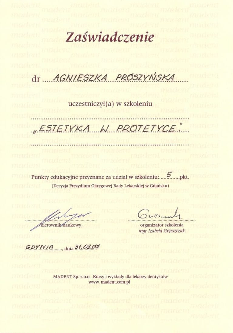 Certyfikat - Gabinet dentystyczny Dental Heaven w Gdańsku