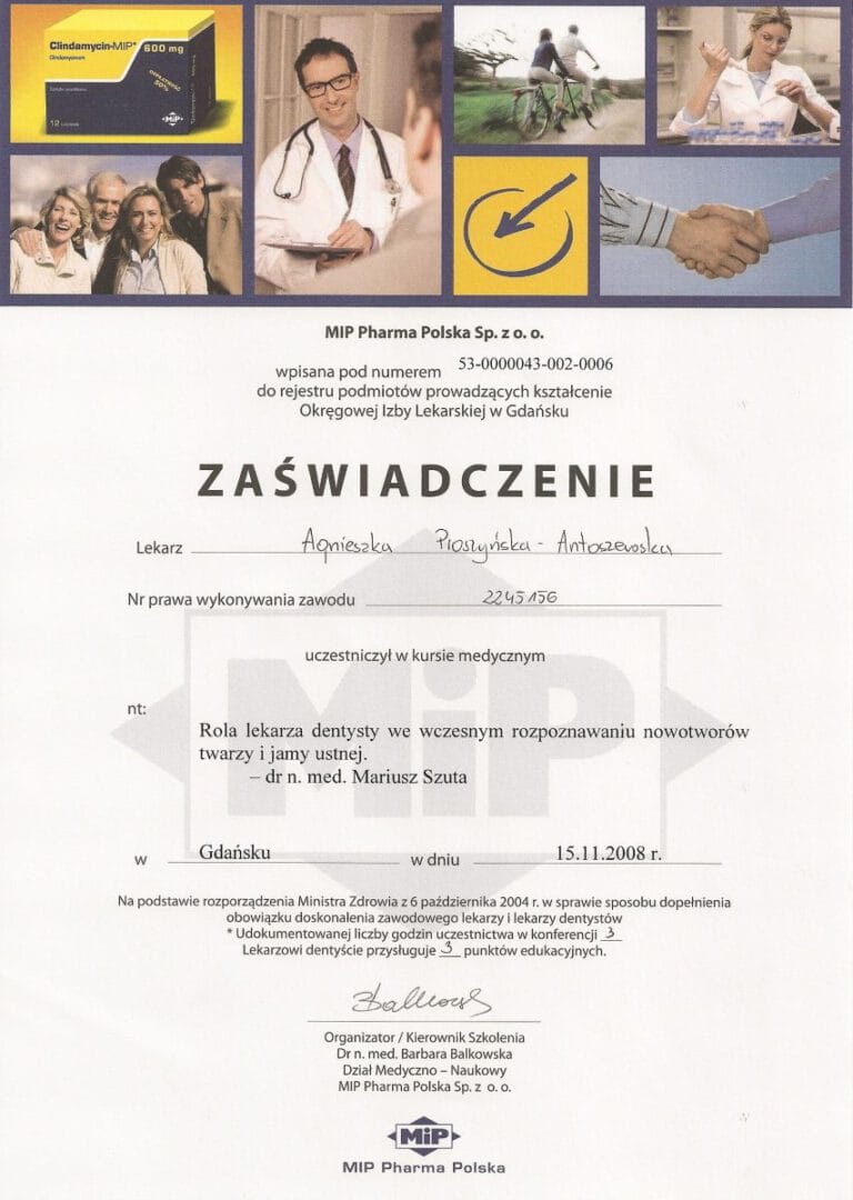 Certyfikat - Gabinet dentystyczny Dental Heaven w Gdańsku