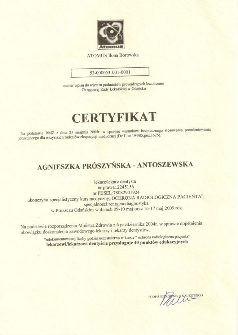 Certyfikat - Gabinet dentystyczny Dental Heaven w Gdańsku