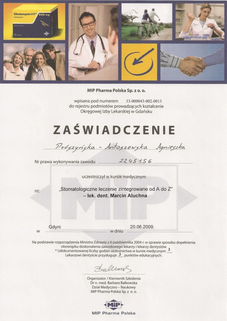 Certyfikat - Gabinet dentystyczny Dental Heaven w Gdańsku