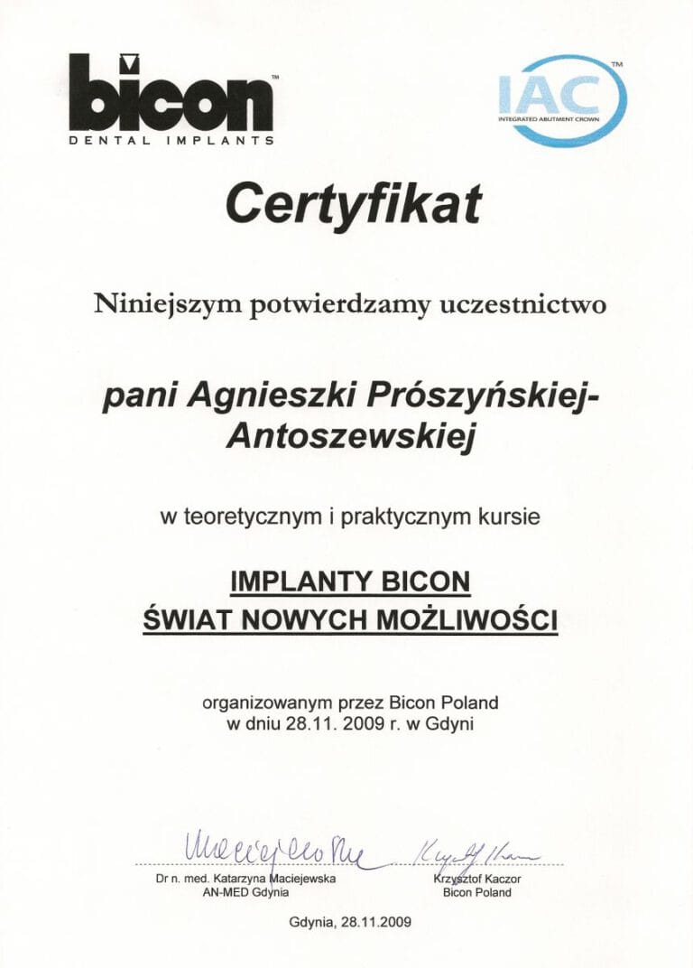 Certyfikat - Gabinet dentystyczny Dental Heaven w Gdańsku