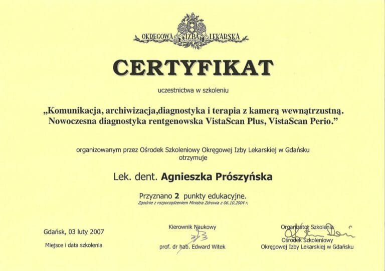Certyfikat - Gabinet dentystyczny Dental Heaven w Gdańsku