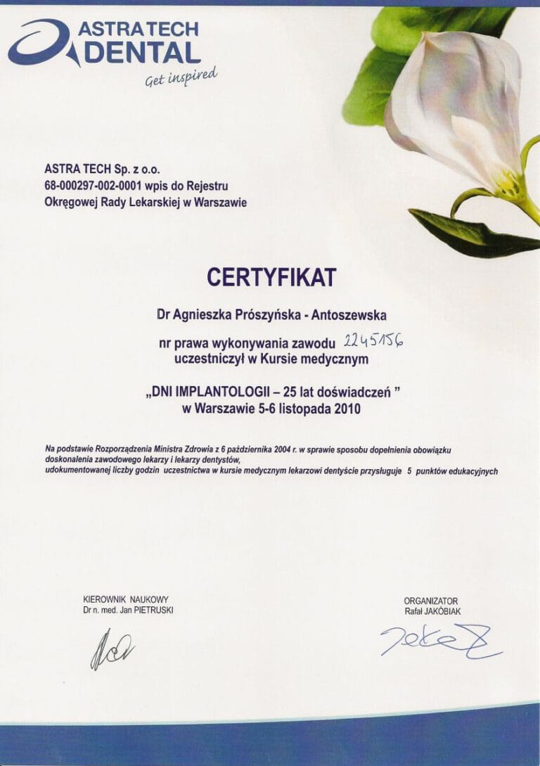 Certyfikat - Gabinet dentystyczny Dental Heaven w Gdańsku