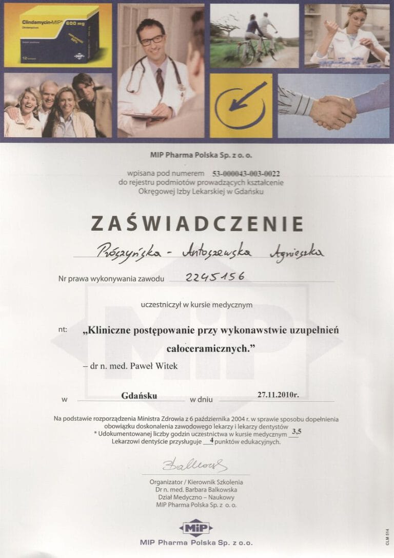 Certyfikat - Gabinet dentystyczny Dental Heaven w Gdańsku