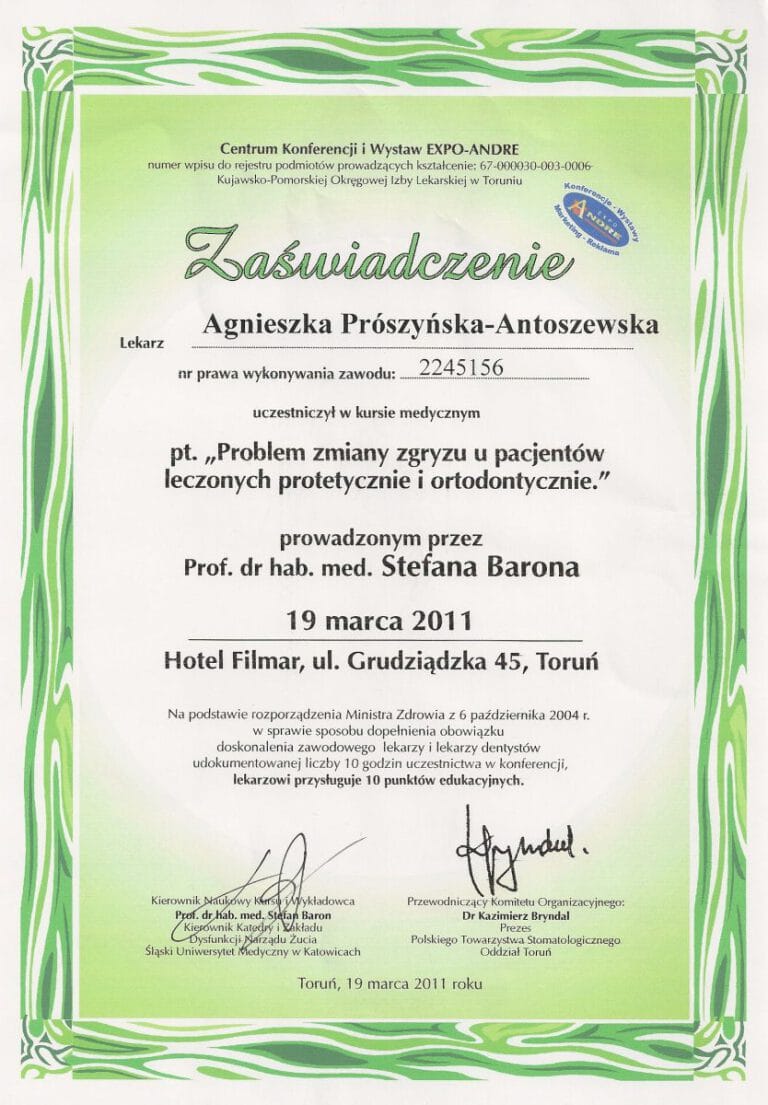 Certyfikat - Gabinet dentystyczny Dental Heaven w Gdańsku