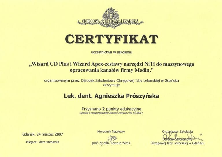 Certyfikat - Gabinet dentystyczny Dental Heaven w Gdańsku