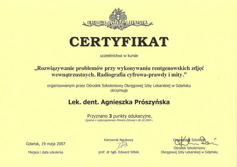 Certyfikat - Gabinet dentystyczny Dental Heaven w Gdańsku