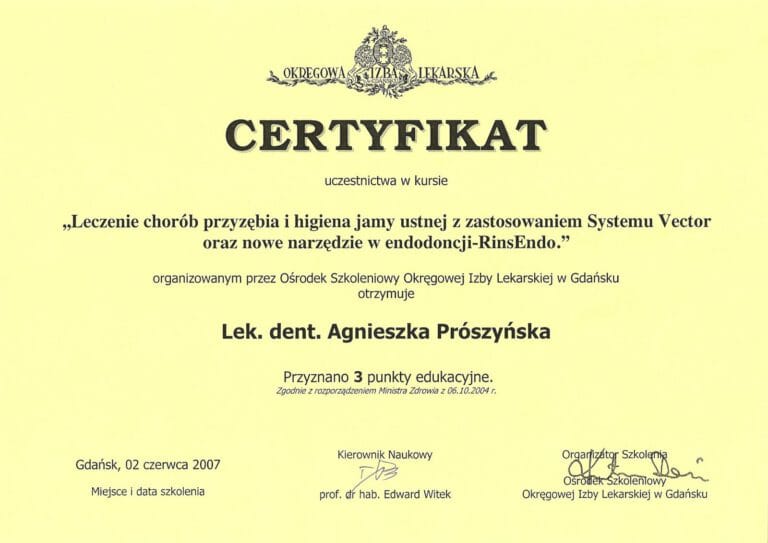Certyfikat - Gabinet dentystyczny Dental Heaven w Gdańsku