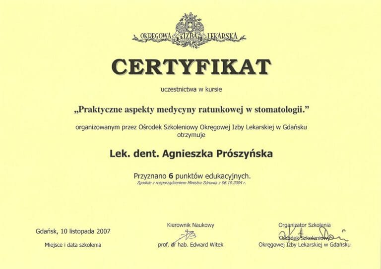 Certyfikat - Gabinet dentystyczny Dental Heaven w Gdańsku