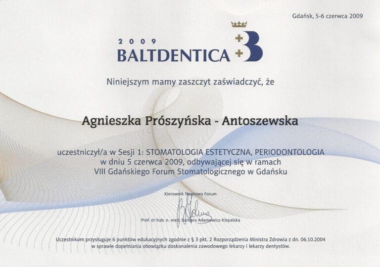 Certyfikat - Gabinet dentystyczny Dental Heaven w Gdańsku