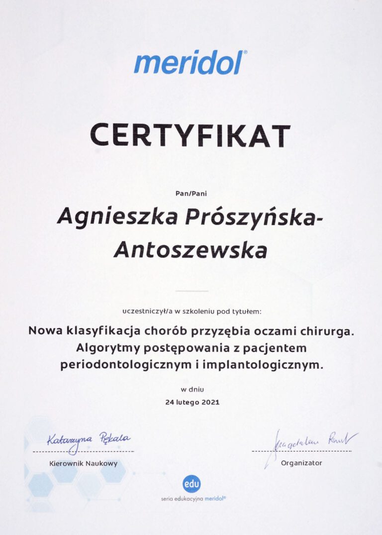 Certyfikat - Gabinet dentystyczny Dental Heaven w Gdańsku