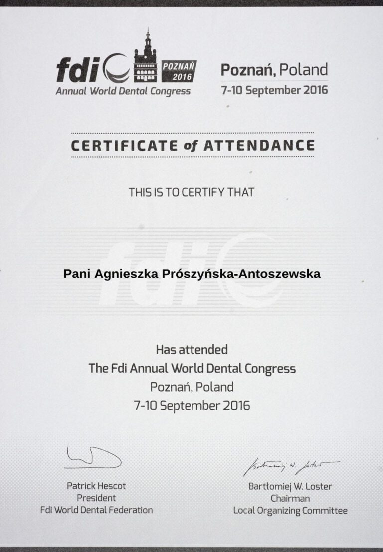 Certyfikat - Gabinet dentystyczny Dental Heaven w Gdańsku