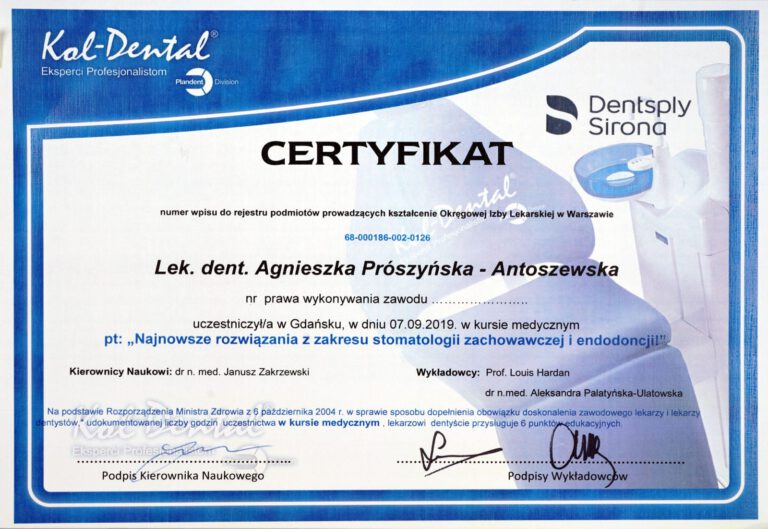 Certyfikat - Gabinet dentystyczny Dental Heaven w Gdańsku