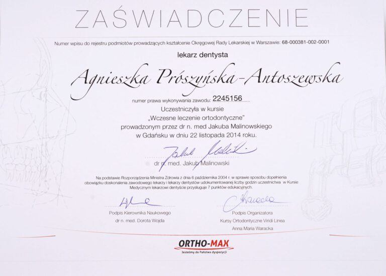 Certyfikat - Gabinet dentystyczny Dental Heaven w Gdańsku