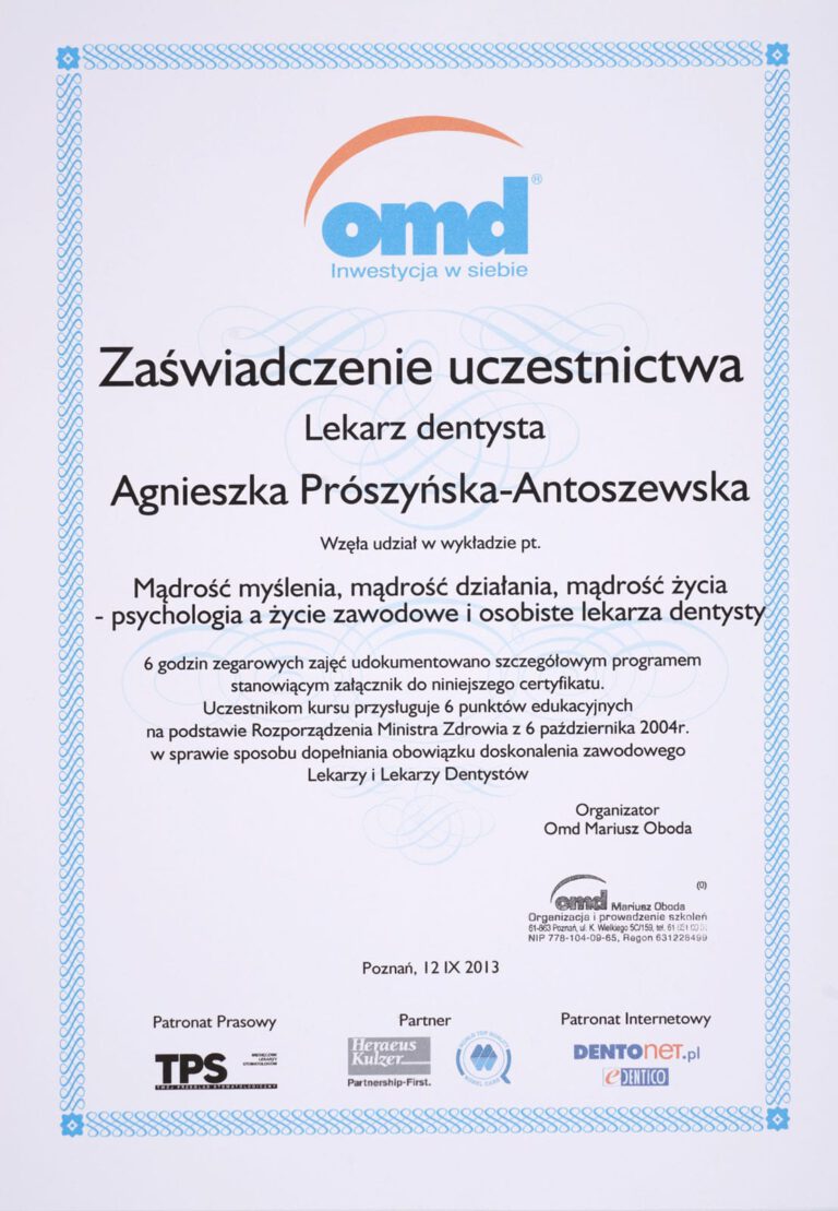 Certyfikat - Gabinet dentystyczny Dental Heaven w Gdańsku