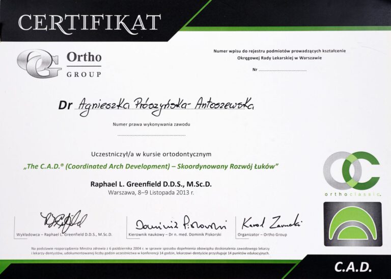 Certyfikat - Gabinet dentystyczny Dental Heaven w Gdańsku
