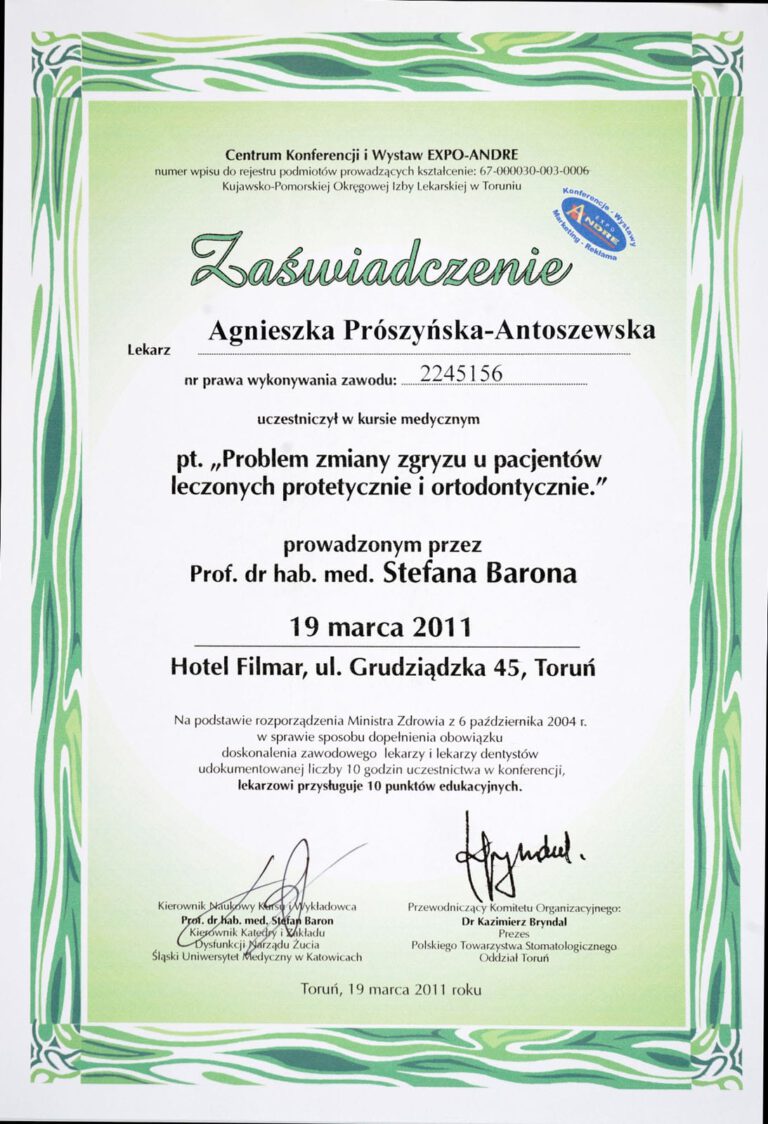 Certyfikat - Gabinet dentystyczny Dental Heaven w Gdańsku