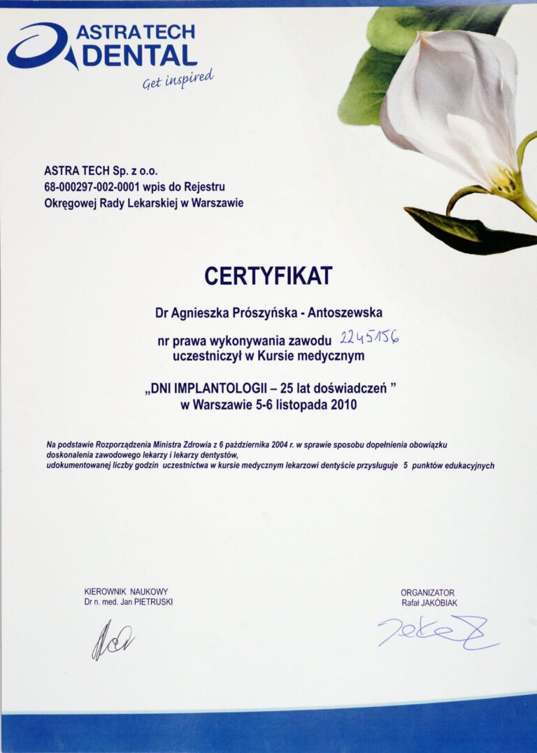 Certyfikat - Gabinet dentystyczny Dental Heaven w Gdańsku